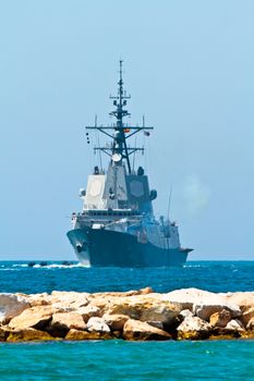 MALAGA, SPAIN-MAY 28: Frigate F-101 Alvaro de Bazan taking part in an exhibition on the day of the spanish army forces on May 28, 2011, in Malaga, Spain