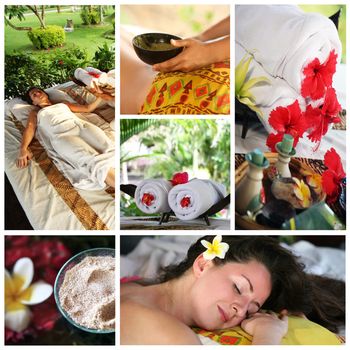 Collage from 6 photos of massage interior to Bali
