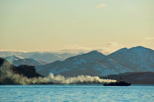 The military ship in the sea in Russia