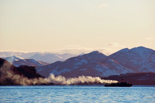 The military ship in the sea in Russia