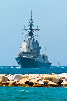 MALAGA, SPAIN-MAY 28: Frigate F-101 Alvaro de Bazan taking part in an exhibition on the day of the spanish army forces on May 28, 2011, in Malaga, Spain