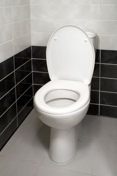 White toilet bowl with open toilet seat cover