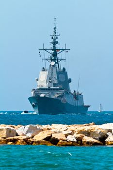 MALAGA, SPAIN-MAY 28: Frigate F-101 Alvaro de Bazan taking part in an exhibition on the day of the spanish army forces on May 28, 2011, in Malaga, Spain