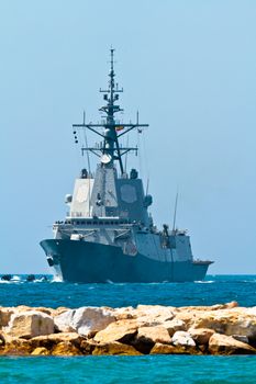 MALAGA, SPAIN-MAY 28: Frigate F-101 Alvaro de Bazan taking part in an exhibition on the day of the spanish army forces on May 28, 2011, in Malaga, Spain