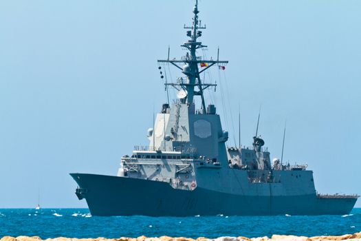 MALAGA, SPAIN-MAY 28: Frigate F-101 Alvaro de Bazan taking part in an exhibition on the day of the spanish army forces on May 28, 2011, in Malaga, Spain