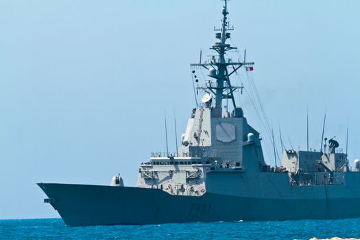 MALAGA, SPAIN-MAY 28: Frigate F-101 Alvaro de Bazan taking part in an exhibition on the day of the spanish army forces on May 28, 2011, in Malaga, Spain