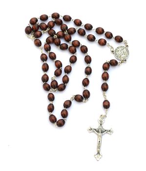 Rosary with brown beads and silver cross isolated on white background