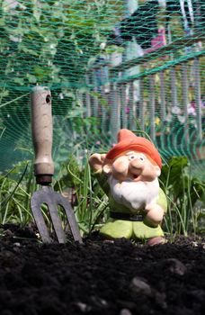 A small colorfully decorated handmade pottery garden gnome with an orange hat and a white beard, set in a small vegetable patch with a small hand held garden fork. Set on a portrait format with room for copy below.