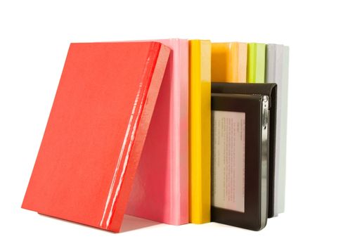 Row of colorful books and electronic book reader on the white background