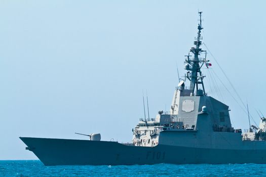 MALAGA, SPAIN-MAY 28: Frigate F-101 Alvaro de Bazan taking part in an exhibition on the day of the spanish army forces on May 28, 2011, in Malaga, Spain