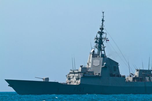MALAGA, SPAIN-MAY 28: Frigate F-101 Alvaro de Bazan taking part in an exhibition on the day of the spanish army forces on May 28, 2011, in Malaga, Spain