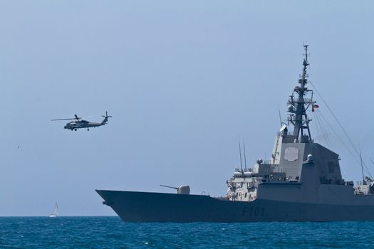 MALAGA, SPAIN-MAY 28: Frigate F-101 Alvaro de Bazan taking part in an exhibition on the day of the spanish army forces on May 28, 2011, in Malaga, Spain