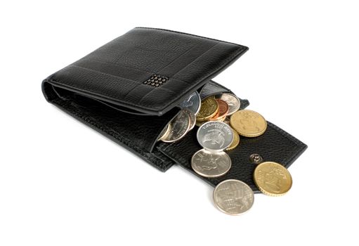 Black wallet with coins, isolated