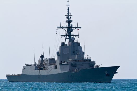 MALAGA, SPAIN-MAY 28: Frigate F-101 Alvaro de Bazan taking part in an exhibition on the day of the spanish army forces on May 28, 2011, in Malaga, Spain