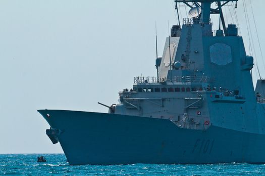 MALAGA, SPAIN-MAY 28: Frigate F-101 Alvaro de Bazan taking part in an exhibition on the day of the spanish army forces on May 28, 2011, in Malaga, Spain