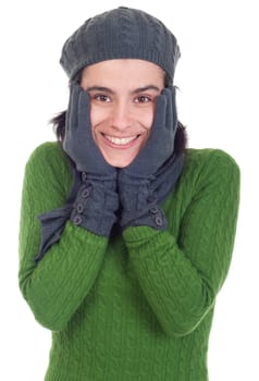 lovely winter woman portrait with scarf, gloves and hat (isolated on white background)