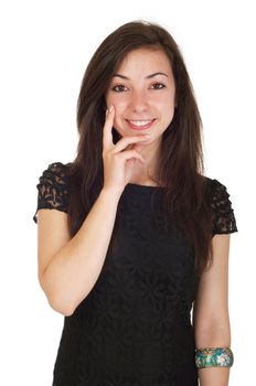 smiling 18 years old young woman in black dress ready for night out (isolated on white background)