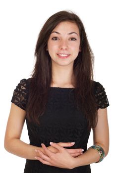 smiling 18 years old young woman in black dress ready for night out (isolated on white background)