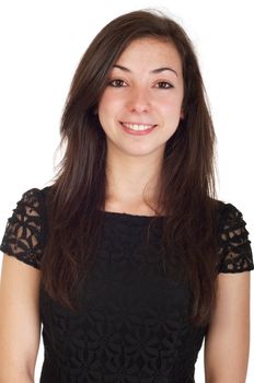 smiling 18 years old young woman in black dress ready for night out (isolated on white background)