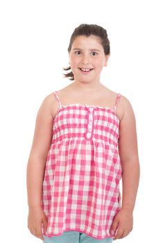 surprised little girl portrait smiling in a pink top (isolated on white background) 