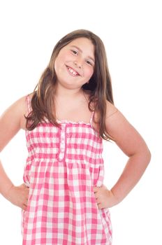 adorable little girl portrait smiling in a pink top (isolated on white background) 