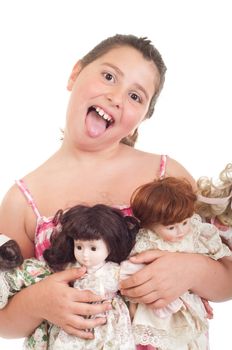 joyful little girl with her favorite dolls (isolated on white background) 