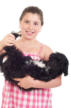 adorable little girl playing with her dog (isolated on white background)