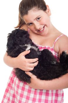 adorable little girl holding her dog (isolated on white background)