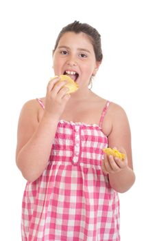 cute little girl eating chips (isolated on white background)