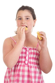 cute little girl eating chips (isolated on white background)