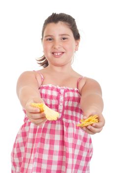 cute little girl offering potato chips with unhappy expression (isolated on white background)