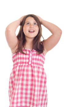 little girl portrait with surprised expression in a pink top (isolated on white background)