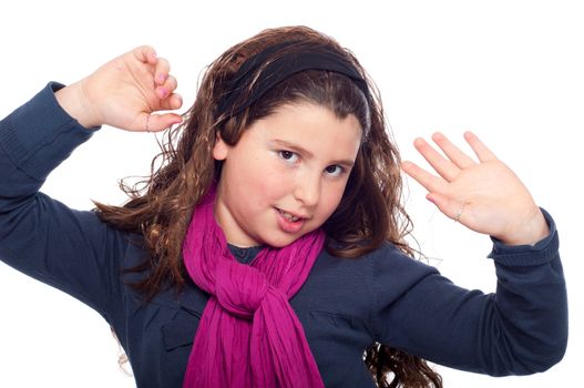 adorable little girl portrait posing dressed as teenager with long wig and glitter (isolated on white background)