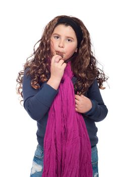 adorable little girl portrait dressed as teenager with long wig and glitter, eating an ice cream (isolated on white background)