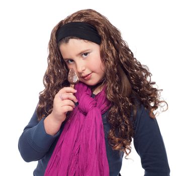 adorable little girl portrait dressed as teenager with long wig and glitter, eating an ice cream (isolated on white background)