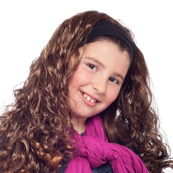 adorable little girl portrait posing dressed as teenager with long wig and glitter (isolated on white background)