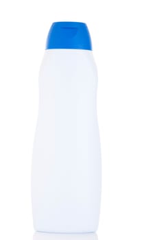 blue and white shower gel plastic bottle isolated on white background