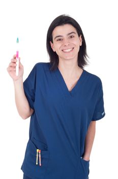 smiling female dentist holding toothbrush isolated on white background