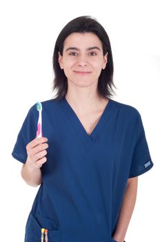 young female dentist holding toothbrush isolated on white background