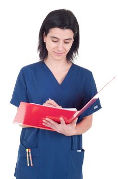 handsome female doctor making a note isolated on white background