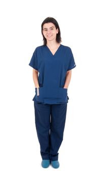 full length portrait of a handsome female doctor wearing uniform and clogs (isolated on white background)