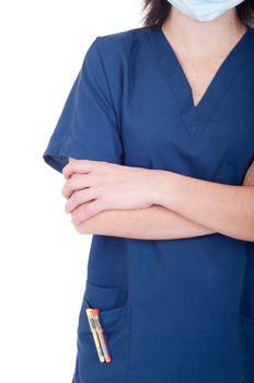 mid section of a young female doctor wearing mask isolated on white background