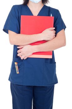 mid section of a female doctor wearing mask and holding folder isolated on white background