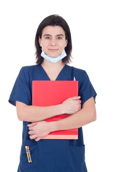 handsome female doctor wearing mask and holding folder isolated on white background