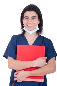 handsome female doctor wearing mask and holding folder isolated on white background
