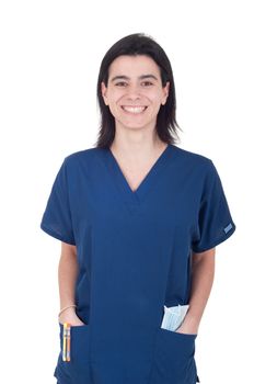 portrait of a smiling young female doctor isolated on white background