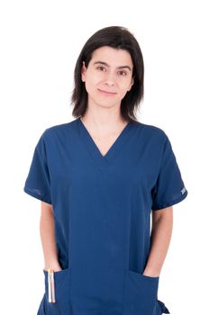 portrait of a handsome young female doctor isolated on white background (folded arms)