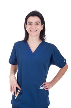 portrait of a smiling young female doctor isolated on white background