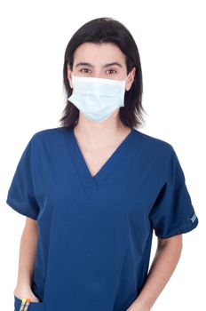 portrait of a young female doctor wearing mask isolated on white background