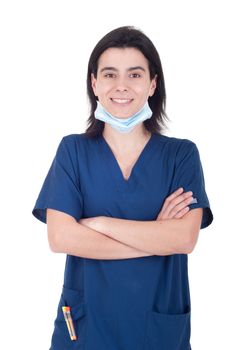 portrait of a smiling female doctor wearing mask isolated on white background